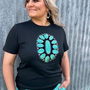 Elegant Black Tee with Turquoise Embellishment
